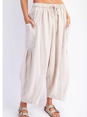 TARSE Womens  Harem Cream Linen Blend Wide Barrel Leg Ankle Pants